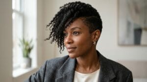 Black woman with a short pixie haircut and noticeably long textured fringe