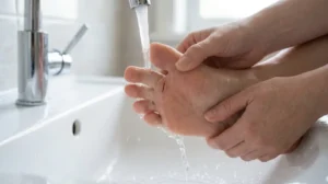 Gently rinsing dirt from a cut under the toe with clean running water.