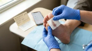 Changing the dressing on a cut under the toe and checking tetanus vaccination status.