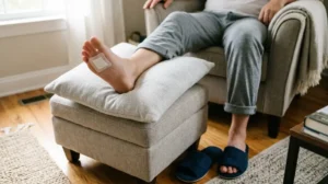 Bandaged foot resting on a cushion to reduce rubbing and pressure on a cut under the toe.