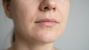 Final stage of perioral dermatitis healing with clear skin and faint discoloration.