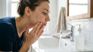 Woman using a gentle cleanser while healing perioral dermatitis.