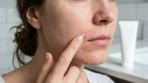 Woman carefully applying a lightweight moisturizer during perioral dermatitis healing.