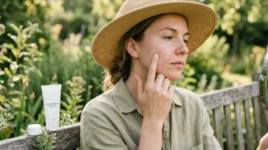 Woman using practical sun protection while perioral dermatitis heals.