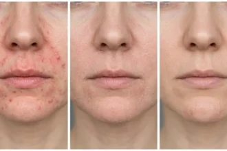 Three close-up stages of perioral dermatitis healing from active bumps to clear skin.