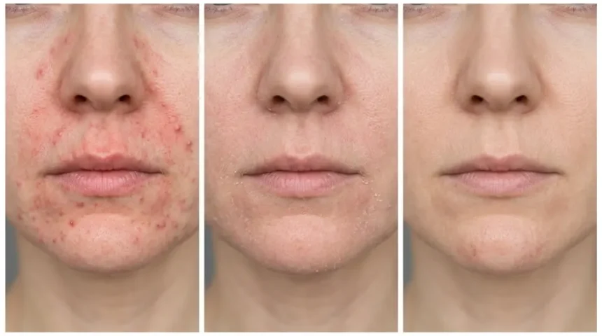 Three close-up stages of perioral dermatitis healing from active bumps to clear skin.