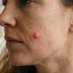 Close-up of a raised reddish pimple beneath the skin on a woman’s cheek, with no visible whitehead.