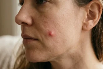 Close-up of a raised reddish pimple beneath the skin on a woman’s cheek, with no visible whitehead.