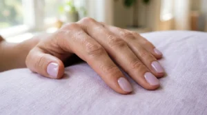 Sheer lilac wash manicure shown on a woman's nails in a natural hand pose
