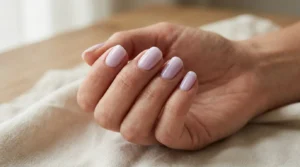 Milky lilac manicure on medium-length nails in a relaxed hand pose