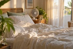 Warm humid bedroom contributing to morning facial oiliness
