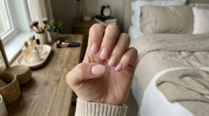 Lilac micro French tips on a woman's natural-looking manicure