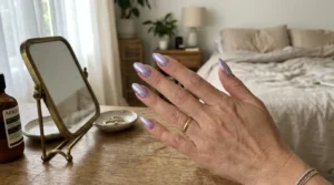 Lilac chrome nails with a reflective lavender metallic finish