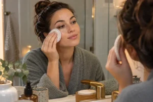 Removing makeup and sunscreen to prevent morning oil buildup
