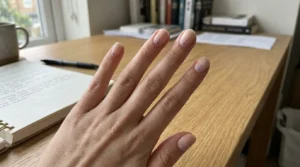 Minimal lilac dot nail design on a soft nude base