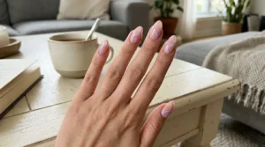 Lilac and nude swirl nail design on almond-shaped nails