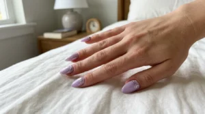 Glossy lilac nails with delicate silver metallic details
