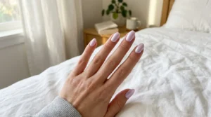 Glazed lilac nails with a soft pearly luminous finish