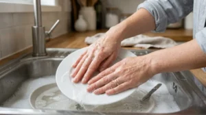 Hands exposed to water while washing dishes, showing delicate nail plates