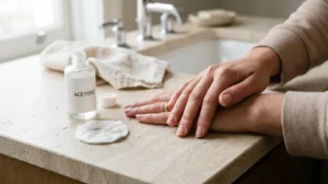 Hand with natural nails beside nail polish remover and cotton pad