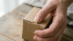 Hand using a fingernail to pry open a small package