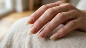 Long natural fingernails that appear too delicate for their length