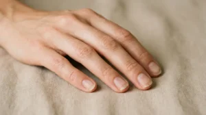 Close-up of natural fingernails showing subtle changes in nail growth”