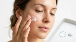 Woman applying moisturizer when her skin needs water, oil, or both