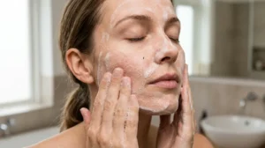Woman washing her face with an overly harsh foaming cleanser