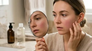 Woman noticing dry, sensitive skin caused by over-exfoliating