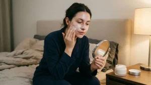 Woman applying heavy nighttime skincare products that leave her face greasy