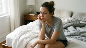 Tired woman with dull skin and under-eye darkness after stress and poor sleep