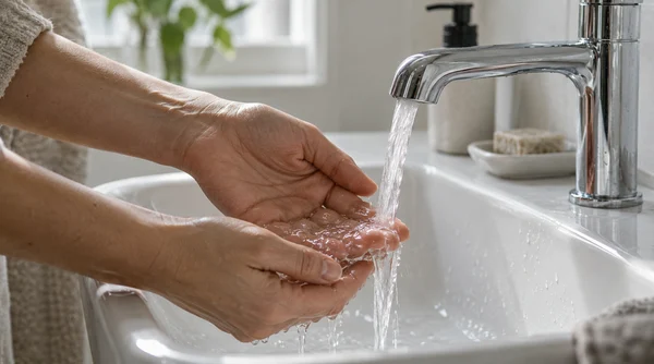 Hands testing running water before washing the face