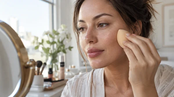 Woman pressing a makeup sponge lightly against her cheek.