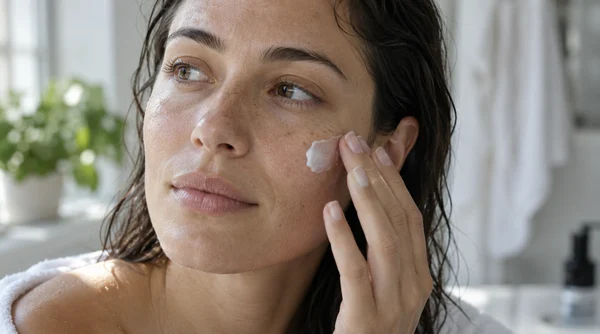 Woman applying moisturizer to slightly damp skin after cleansing