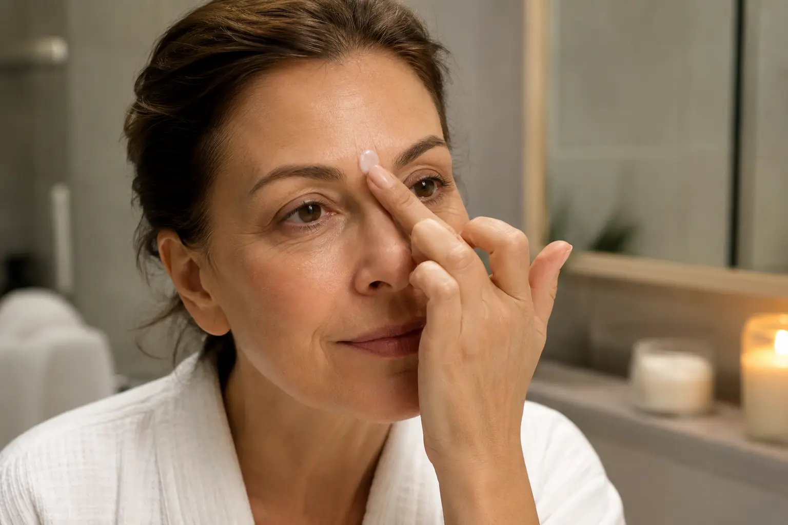 Woman applying moisturizer between her eyebrows as part of a gentle skincare routine