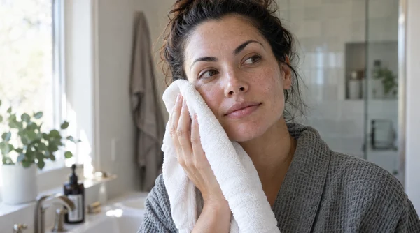 Woman gently patting her cheek dry with a soft towel