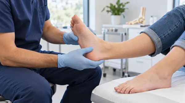 Podiatrist examining a foot with persistent split skin under the toes