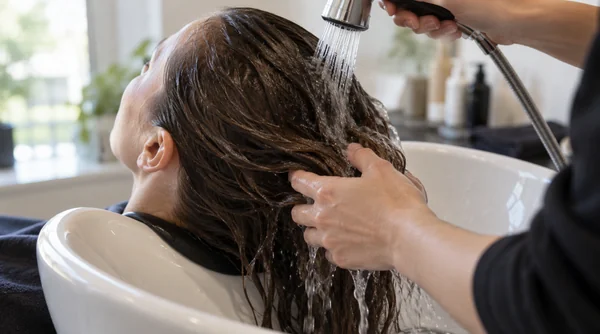 Rinsing the roots and nape thoroughly at a salon basin.