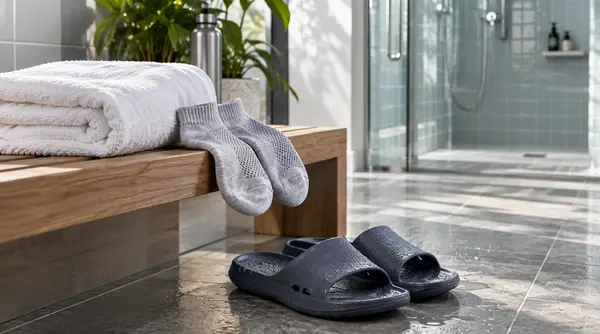 Shower sandals and clean socks for athlete’s foot prevention