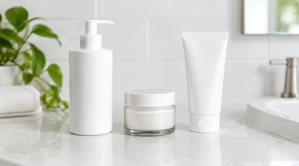 Cleanser, moisturizer, and sunscreen arranged for a simple morning routine.