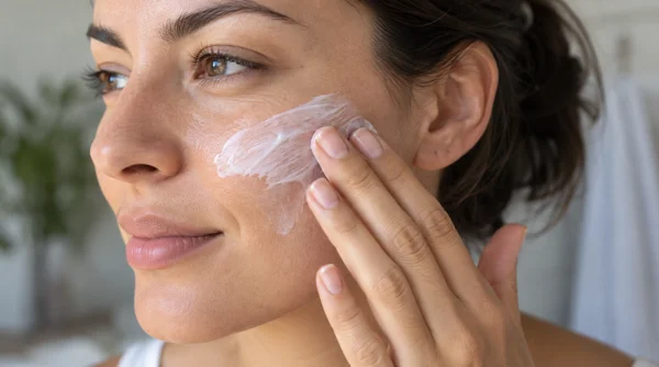 Why does my sunscreen pill? A woman spreads sunscreen gently across her cheek.