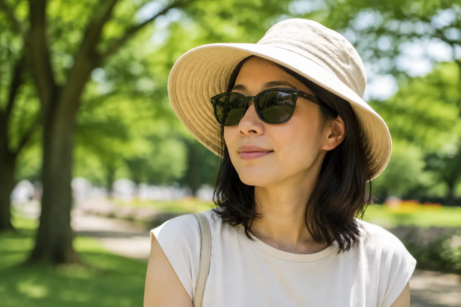 Woman wearing sunglasses outdoors to reduce squinting