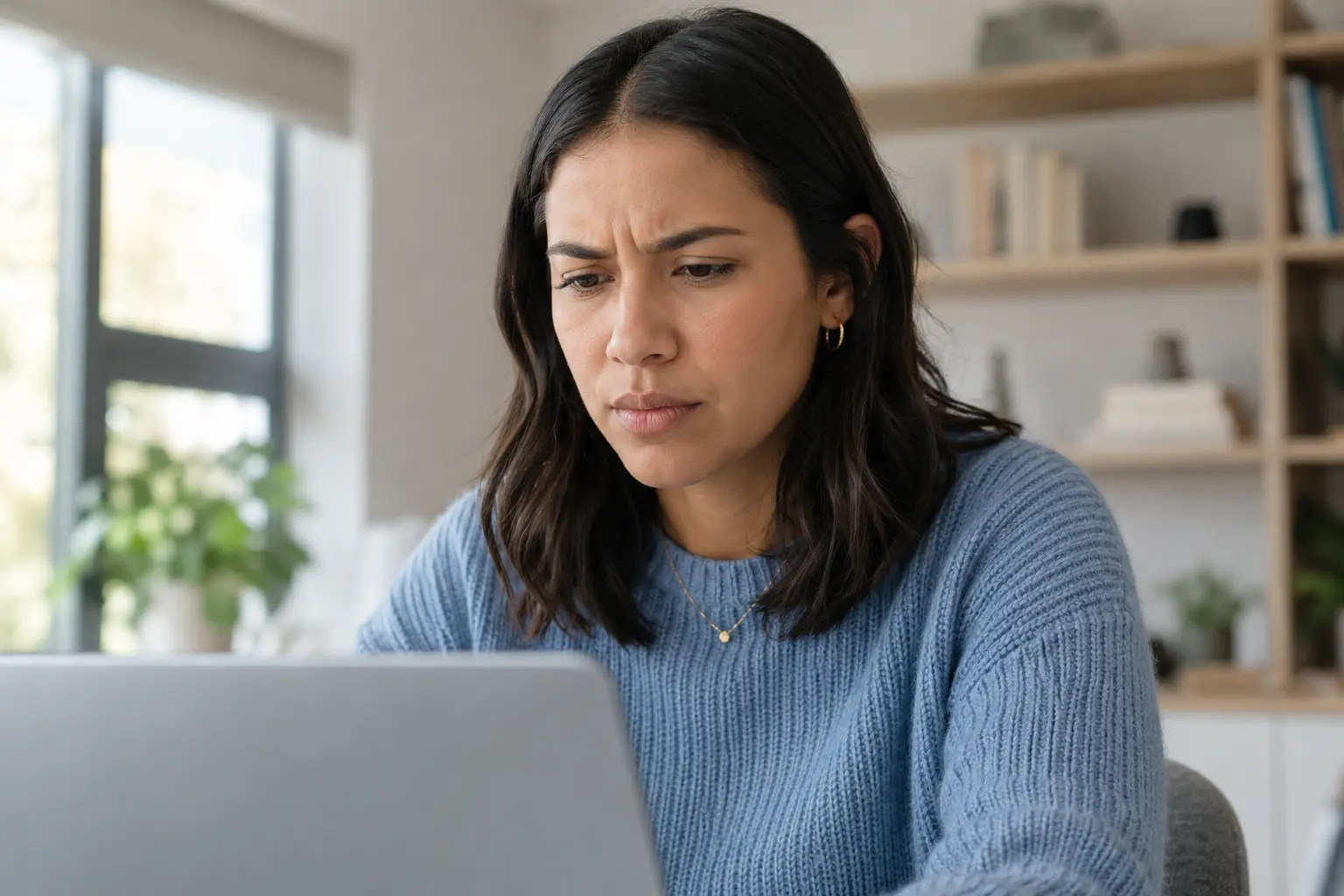 Woman unconsciously furrowing her eyebrows while working at a laptop
