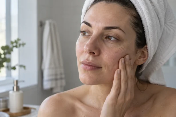 Woman touching tight-feeling skin after washing her face
