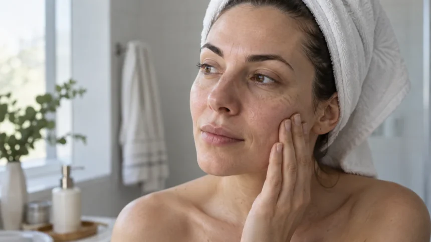 Woman touching tight-feeling skin after washing her face