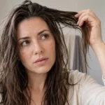 Woman lifting a section of hair that looks coated and heavy after washing.
