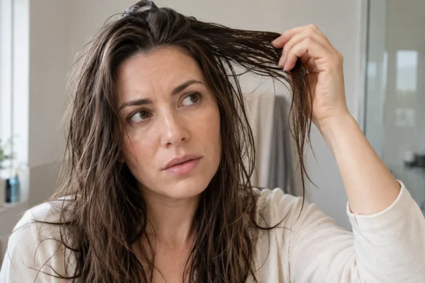 Woman lifting a section of hair that looks coated and heavy after washing.