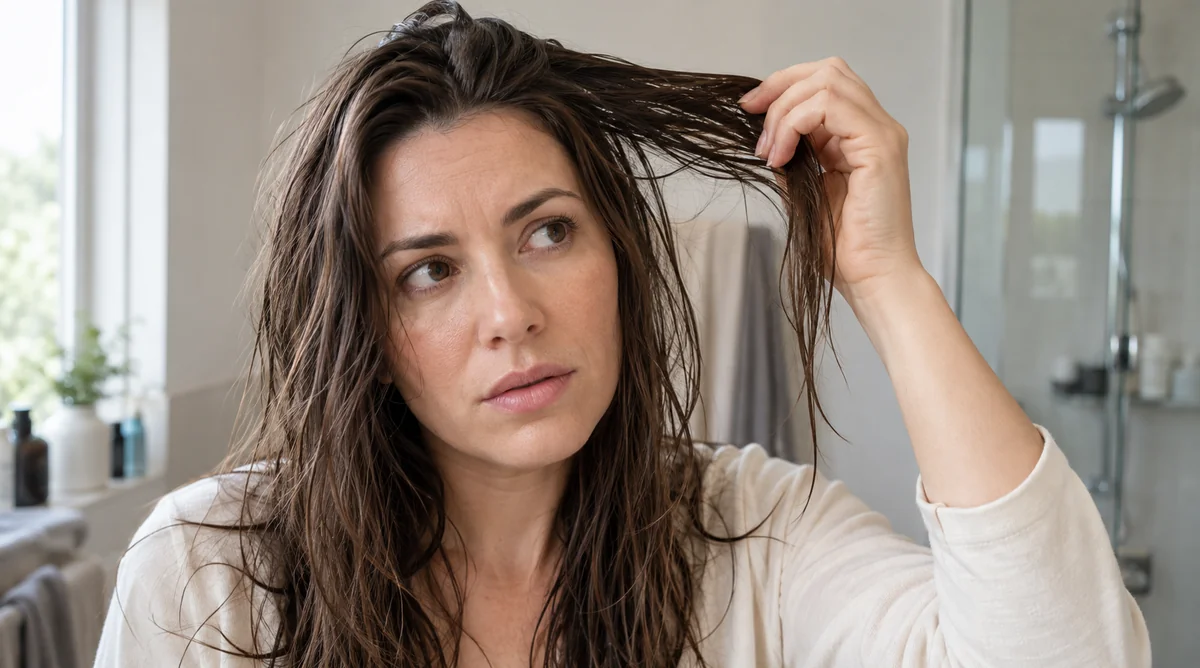 Woman lifting a section of hair that looks coated and heavy after washing.