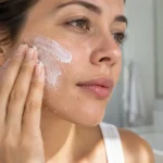 Close-up of sunscreen rolling into small flakes on a woman’s cheek.